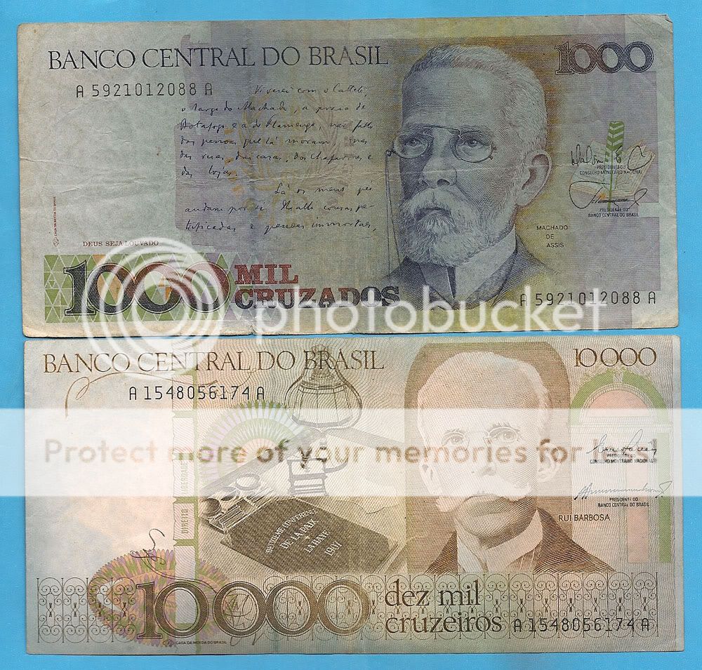 BRAZIL  NOTES   1000 CRUZADOS & 10000,ERROR COLOR PRINT  